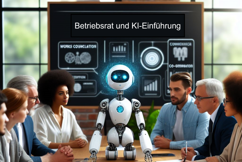 Mann und Frau sitzen an einem Konferenztisch zusammen mit einem Roboter der die künstliche Intelligenz symbolisieren soll.