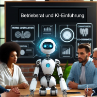 Mann und Frau sitzen an einem Konferenztisch zusammen mit einem Roboter der die künstliche Intelligenz symbolisieren soll.
