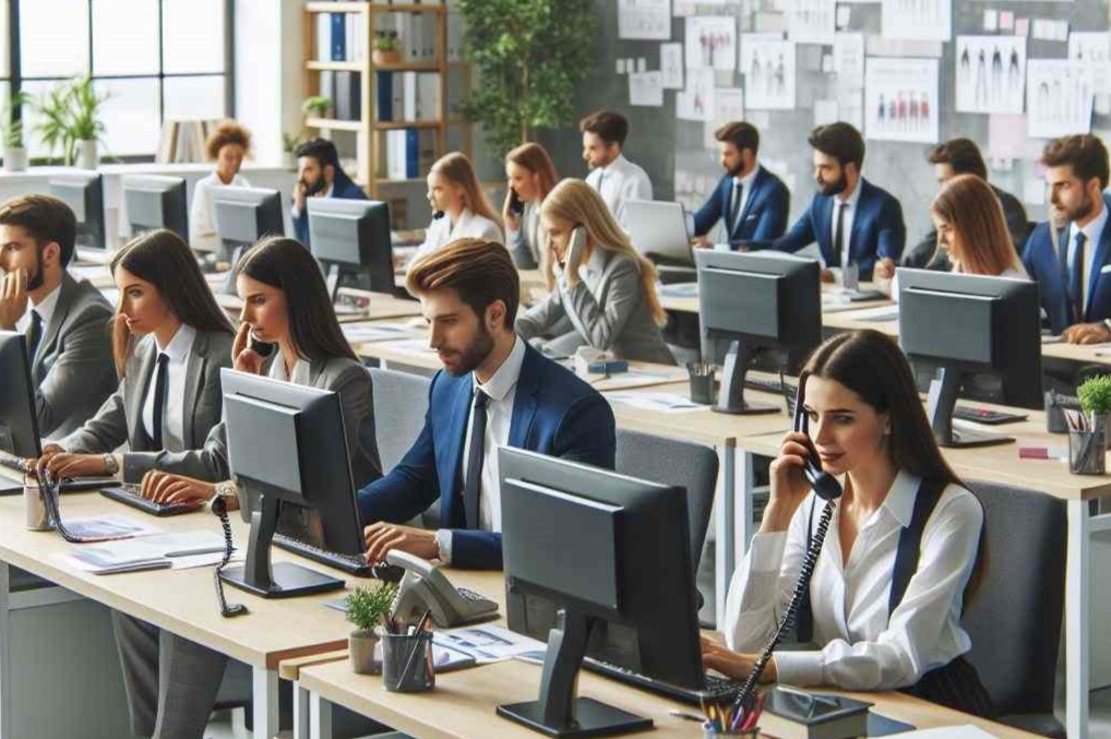 In einem Großraumbüro sitzen zahlreiche Angestellte vor dem Computer bei der Arbeit